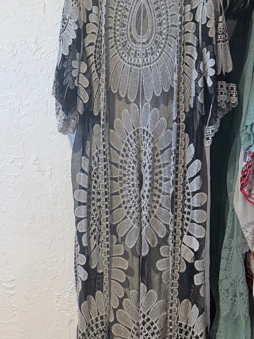 Rebellion Black Sheer Crochet Kimono with White Embroidery